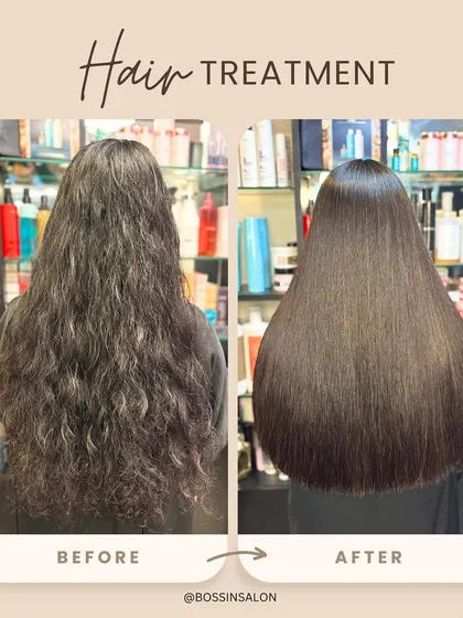 A perfect example of our hair treatment results. We took frizzy, unruly hair and created a silky, smooth, and frizz-free finish that lasts.