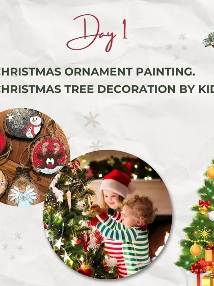 An example of our holiday activities, featuring Christmas ornament painting and tree decoration by the kids.