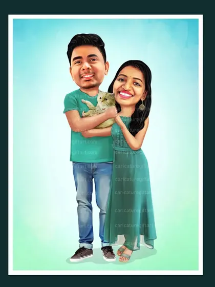 A happy couple with their furry friend. I love including pets in portraits because they are part of the family too. This makes for a complete and heartwarming caricature.
