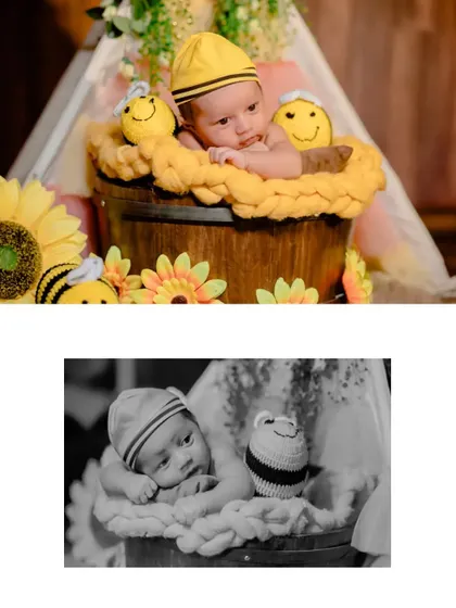 A color and black-and-white comparison of a newborn in our bumblebee setup, showing the versatility of the final images.