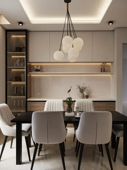 This dining area is designed for both family meals and formal gatherings. A dark wood table is surrounded by comfortable, upholstered chairs. The built-in crockery unit features open shelving with integrated lighting and a cluster of globe pendant lights hangs above, creating a warm and inviting atmosphere.