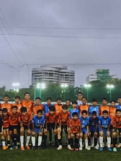 Two teams line up before a 9-a-side practice match. These games are crucial for our players' development and for building camaraderie before heading to major tournaments.