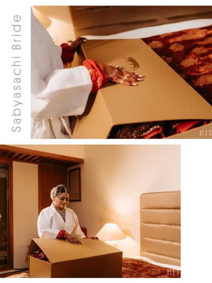 The anticipation and excitement of a Sabyasachi bride unboxing her wedding lehenga. This is a special behind-the-scenes moment that I love to capture.
