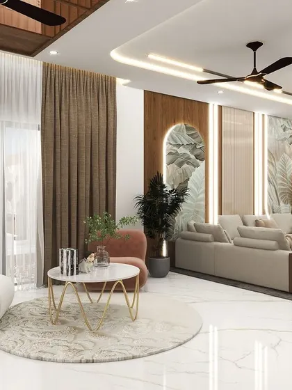 A 3D visualization of a living room that uses soft curves and a neutral color palette to create a serene and modern space. The design includes a mix of comfortable seating and elegant decor.