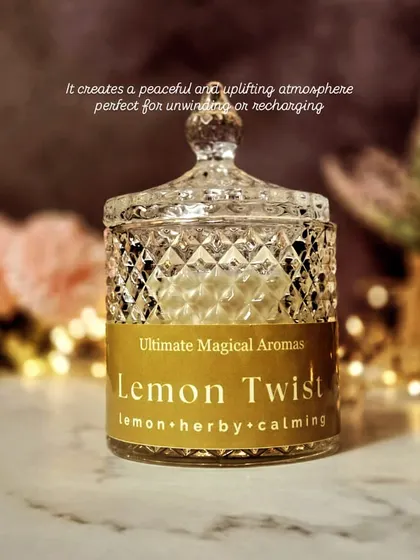 My 'Lemon Twist' Crystal Jar Candle offers a peaceful and uplifting atmosphere. The blend of lemon, herbs, and calming notes is perfect for unwinding or recharging.