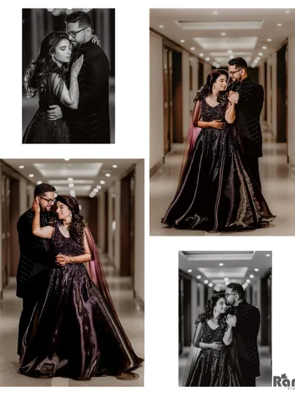This collage showcases a glamorous indoor shoot in a hotel corridor. The mix of color and black and white portraits highlights the couple's dramatic poses and elegant evening wear.