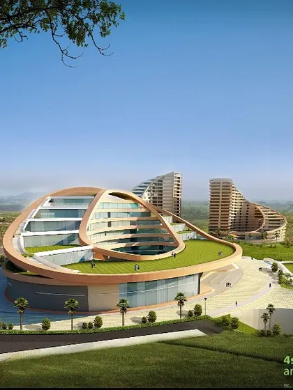 The terraced design of the main building provides multiple levels of accessible green space, blurring the line between building and landscape.