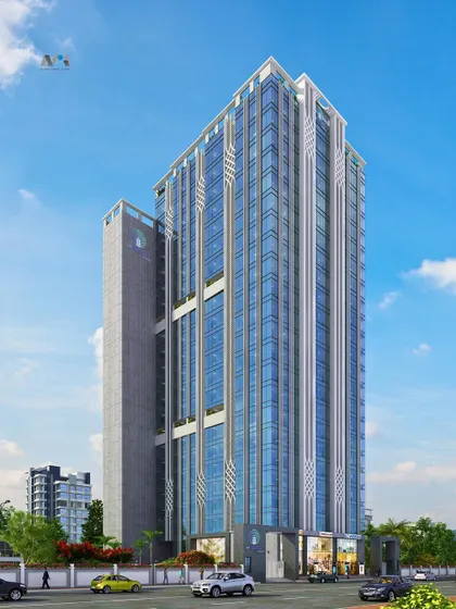 A daytime render of the ONE WORLD commercial tower. The design incorporates a sleek glass facade with strong vertical elements, creating a sophisticated and modern office building.