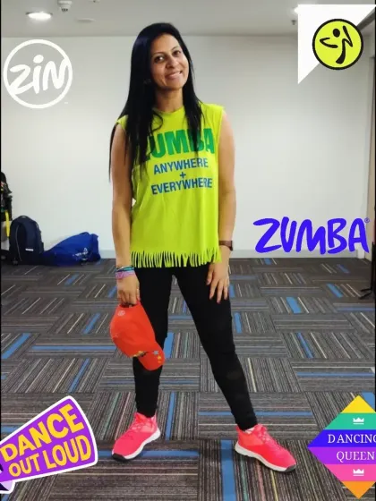 A snapshot of me, a licensed Zumba instructor since 2018. My favorite rhythms are Reggaeton, Cumbia, and Soca, and I love seeing people enjoy the music and dance in my classes.