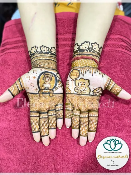 A minimal and adorable baby shower mehendi design. This piece features cute cartoon animals and baby-related motifs, perfect for a sweet and simple celebration.