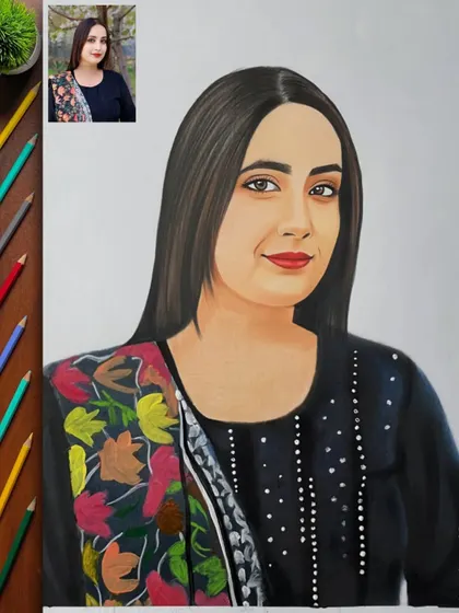 The colorful floral pattern on the dupatta is the highlight of this A3 colored pencil portrait. It adds a vibrant and beautiful element to the drawing.