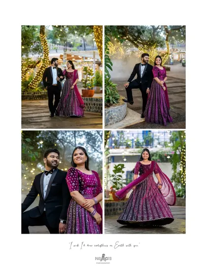 A collage of the couple's portraits from their outdoor reception, showcasing different poses and the beautiful ambiance.