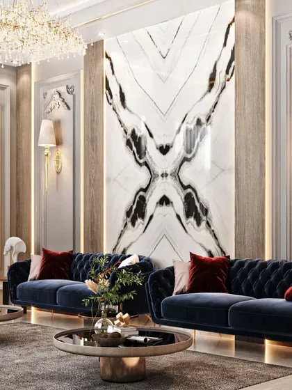 This render focuses on the symmetrical book-matched marble slab that serves as the living room's focal point, demonstrating my ability to visualize precise and high-impact material applications.