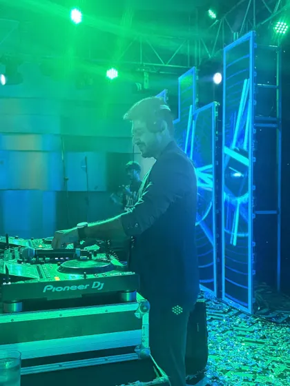 Side view of my setup at a Jaipur after-party. The green and blue LED panels created a cool, futuristic vibe for the late-night celebration.