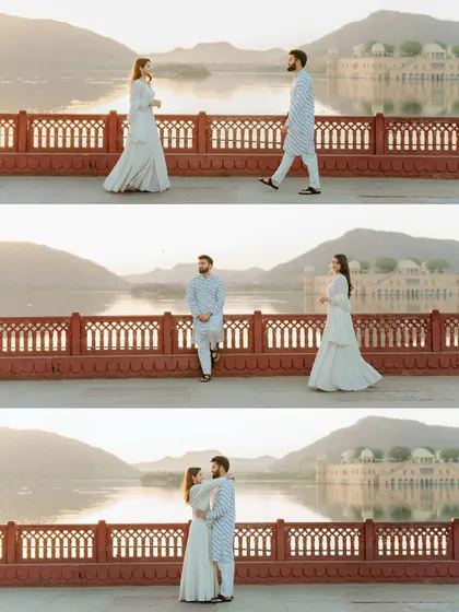 A sequence of three images telling a short story of the couple meeting and embracing on the walkway at Jal Mahal.