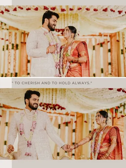 A collage of two candid moments from the wedding ceremony. The couple's shared smiles and hand-holding convey their happiness and commitment.