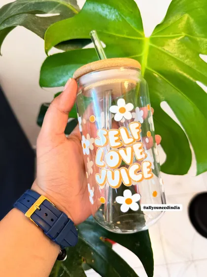Start your day with some positivity with this "Self Love Juice" glass sipper.