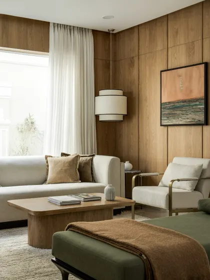 This olive green daybed sits against a warm, wood-paneled wall, creating a cozy and sophisticated lounge area. It's a great example of using furniture to add a pop of color.