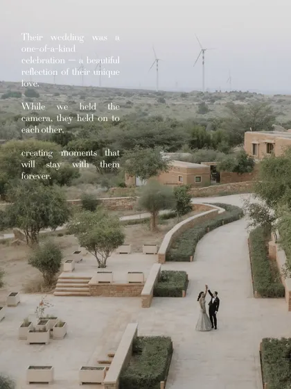 A wide, atmospheric shot of the couple dancing in the sprawling grounds of Suryagarh. The text overlay tells a story, emphasizing the unscripted moments that happen while I hold the camera.