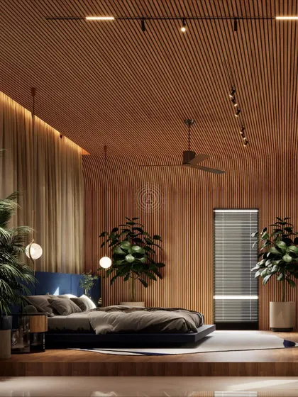 Render of a master bedroom where fluted wood panels cover the walls and ceiling, creating a warm, enveloping feel. The low platform bed and indoor plants enhance the serene, sanctuary-like atmosphere.