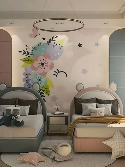 A whimsical shared bedroom for kids, featuring a lovely unicorn wall mural and bear-eared headboards. The soft pastel colors and playful details create a magical and dreamy atmosphere.