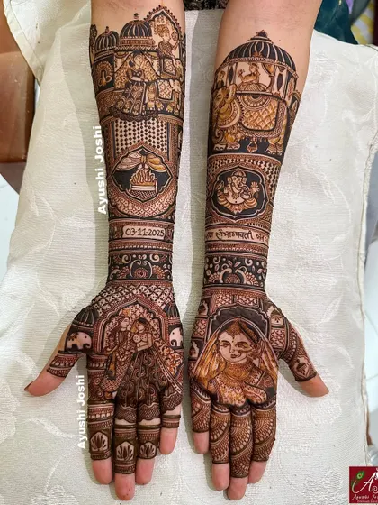 A story of a royal wedding procession. This design features the bride's entry, the groom on an elephant, the Gathbandhan ceremony, and a portrait of Lord Ganesha for blessings.