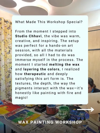 Another wonderful review for the Encaustic Wax Painting workshop. The student describes the studio vibe as warm and inspiring, and the process of melting wax and layering colors as deeply therapeutic and magical.