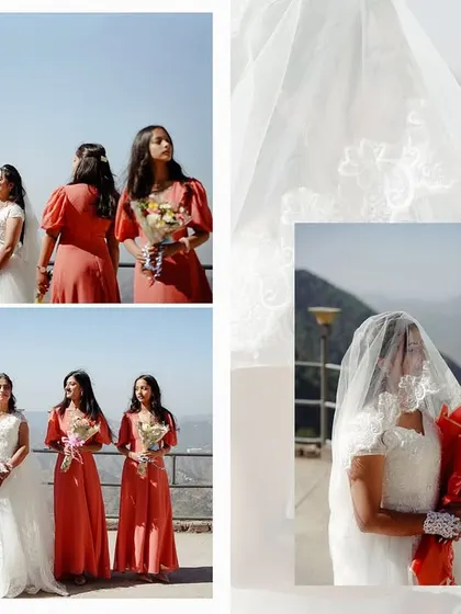 A collage of the bride and her bridesmaids in their matching dresses, posing against the mountain view. It captures the friendship and support on the wedding day.