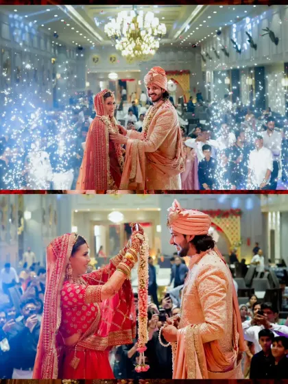 A collage of the spectacular varmala ceremony, with sparklers and celebration.
