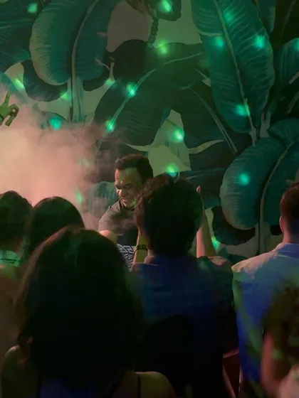 The smoke and lights create a magical atmosphere.