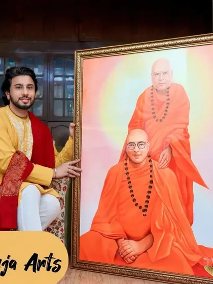 Another painting for the Shri Mohan Jagdishwar Ashram, this one depicting two generations of Gurus. The artwork symbolizes the passing of spiritual wisdom and the continuity of their sacred lineage.