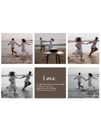 A collage of black and white and color photos from a beach pre-wedding shoot, celebrating love and freedom.