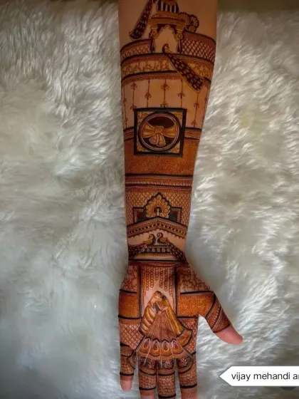 This design features a shy bride figure on the palm, with a doli (palanquin) scene on the arm, symbolizing the bride's journey to her new home.