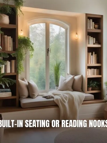 Built-in seating, like this cozy reading nook framed by bookshelves, is a wonderful way to add a functional and charming feature to any room.
