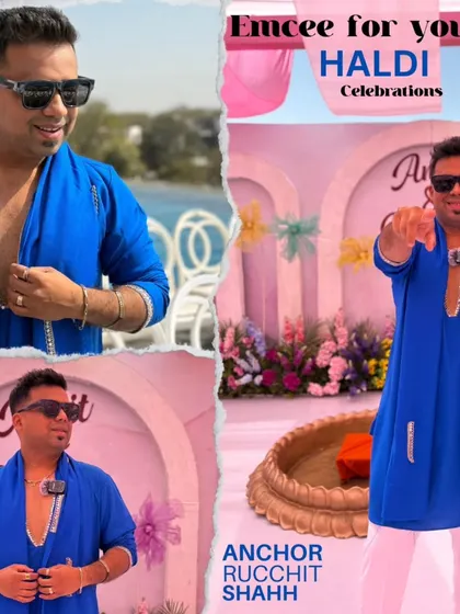 This collage captures the essence of my Haldi hosting. Dressed in a vibrant blue, I'm pointing at you, ready to be the powerhouse emcee for your celebration.