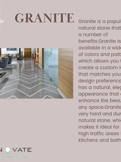 A guide to flooring options: Granite. It's a durable and elegant natural stone available in many colors, ideal for high-traffic areas like kitchens and bathrooms.