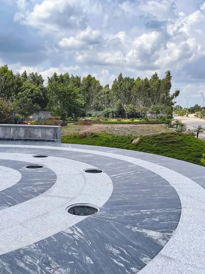 A detail of the concentric circle pattern on the amphitheater at 'The Sanctuary', showcasing the quality of the stonework and the precision of our design execution.