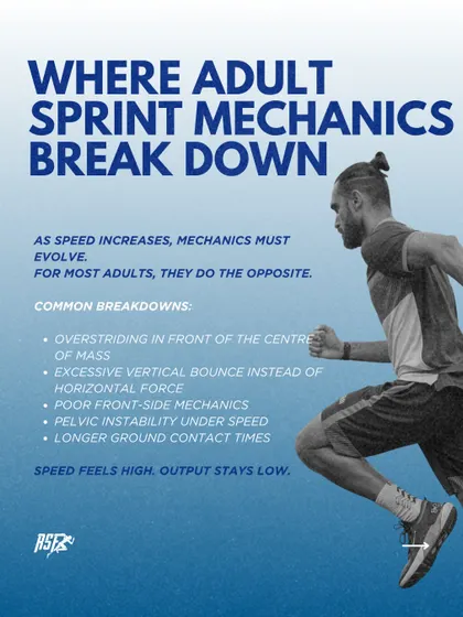 As speed increases, mechanics must evolve. I identify and correct common breakdowns like overstriding and poor front-side mechanics that cause athletes to feel like they're working hard but producing low output.