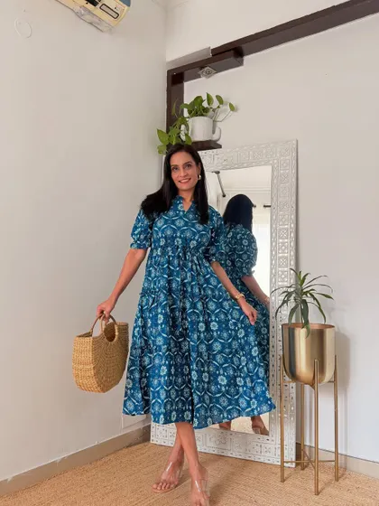 This indigo printed tiered dress is another comfortable and stylish cotton find from Myntra. The print is classic and the fit is very relaxed.