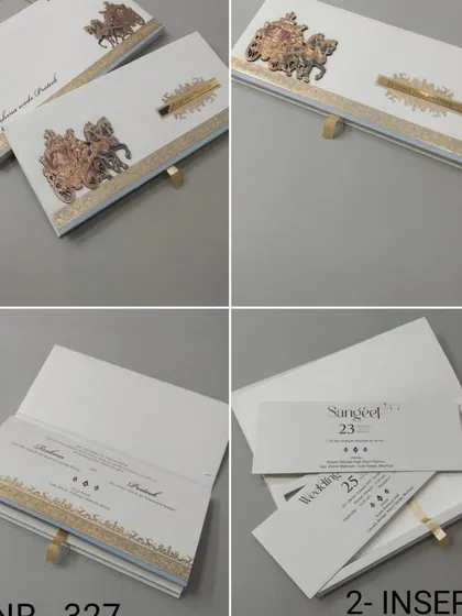 For a clean and royal look, this white and rose gold boxed invitation is a perfect choice. The set includes a main box with a metallic baraat carriage emblem, along with matching inserts for your Sangeet and Wedding events.