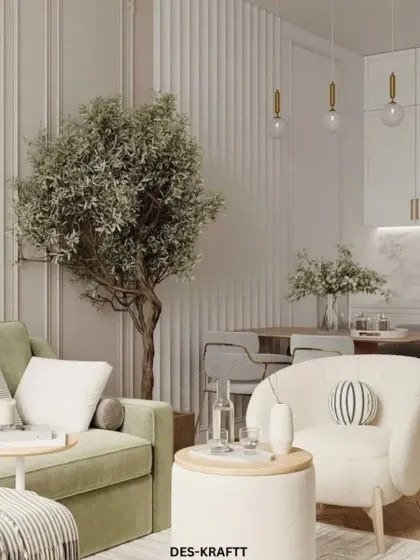 This wider view shows the harmony between the living and dining areas, with a large olive tree adding a natural, organic element to the sophisticated, neutral-toned space.
