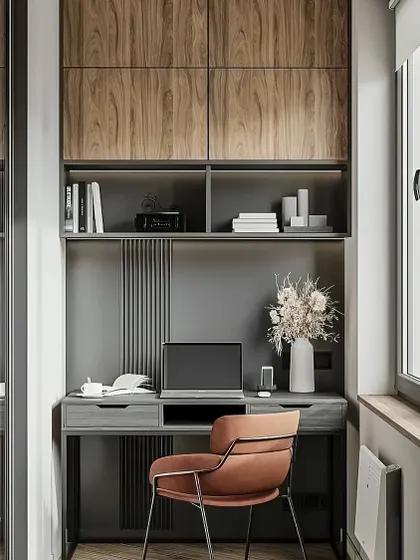 A sophisticated study nook in grey and wood tones, designed to fit perfectly into a small alcove.