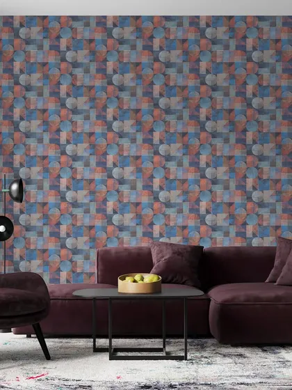 A bold and colorful geometric pattern from our Modern Art collection. The interplay of circles and squares in multiple shades creates a dynamic and energetic feel, perfect for a contemporary living room or creative space.