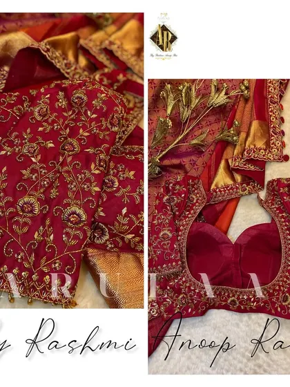 The magic is in the details. This is a close-up of a bespoke bridal blouse, showcasing the dense, traditional zardosi and floral embroidery that I love to create. Every stitch is done by hand to ensure it lasts a lifetime.