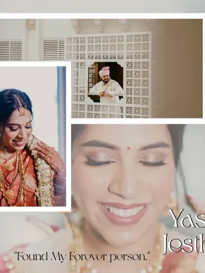 A collage that beautifully combines portraits of the bride and groom, capturing their happy expressions and the joy of finding their "forever person."