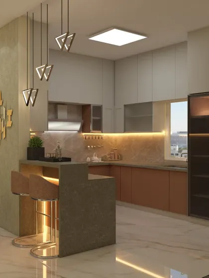 A stylish kitchen design with a two-seater breakfast bar and modern pendant lights. The combination of textured brown cabinets and a marble-finish countertop creates a chic and contemporary look.