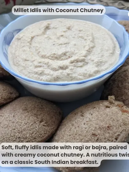 A nutritious twist on a classic South Indian breakfast: Millet Idlis. These soft, fluffy idlis are made with ragi and served with a creamy coconut chutney.