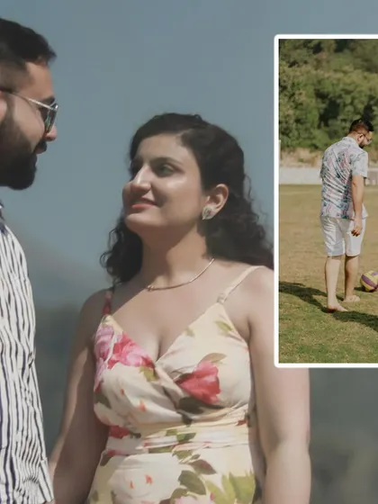 A collage capturing candid, playful moments from a pre-wedding shoot. From looking at each other lovingly to playing in a field, these shots show the fun side of their relationship.