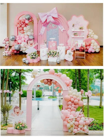 A collage of the 'Dancing to One' party, showing the main stage with a large '1' prop and a beautiful balloon archway entrance.