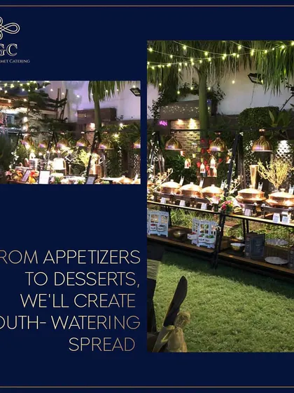 A collage showcasing our extensive buffet spreads for outdoor events. This image effectively communicates our ability to cater from appetizers to desserts in a beautiful, cohesive manner.